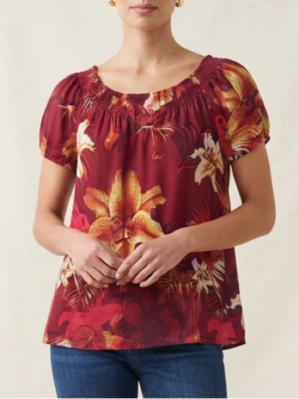 Lucky Brand Summer Cotton Floral Smocked Top Size Small